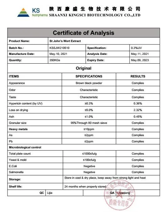 COA OF ST JOHN WORT EXTRACT